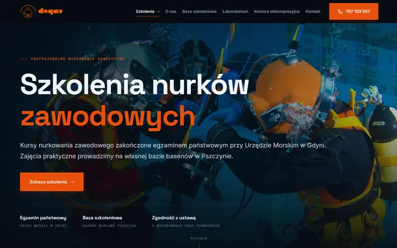 Strona internetowa Degas – Szkolenia nurków zawodowych - edukacja, Katowice