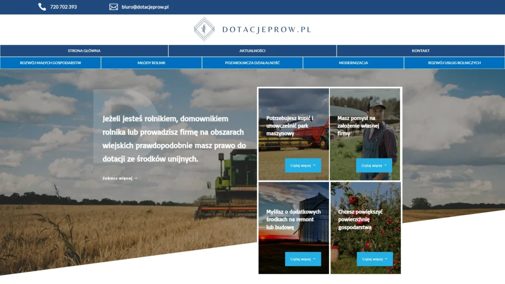 Strona internetowa Dotacjeprow.pl - rolnictwo i ogrody
