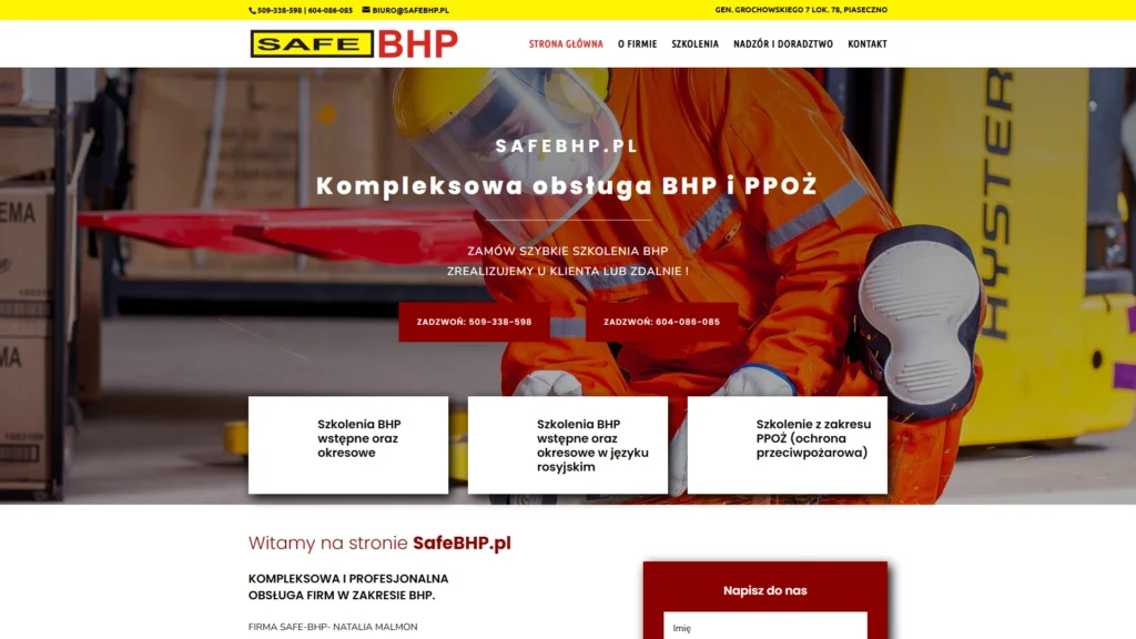 Strona internetowa Safebhp.pl - ochrona i bhp, Piaseczno